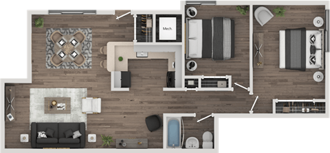 Floor plan for 2 beds, 1 bath, 897 sqft